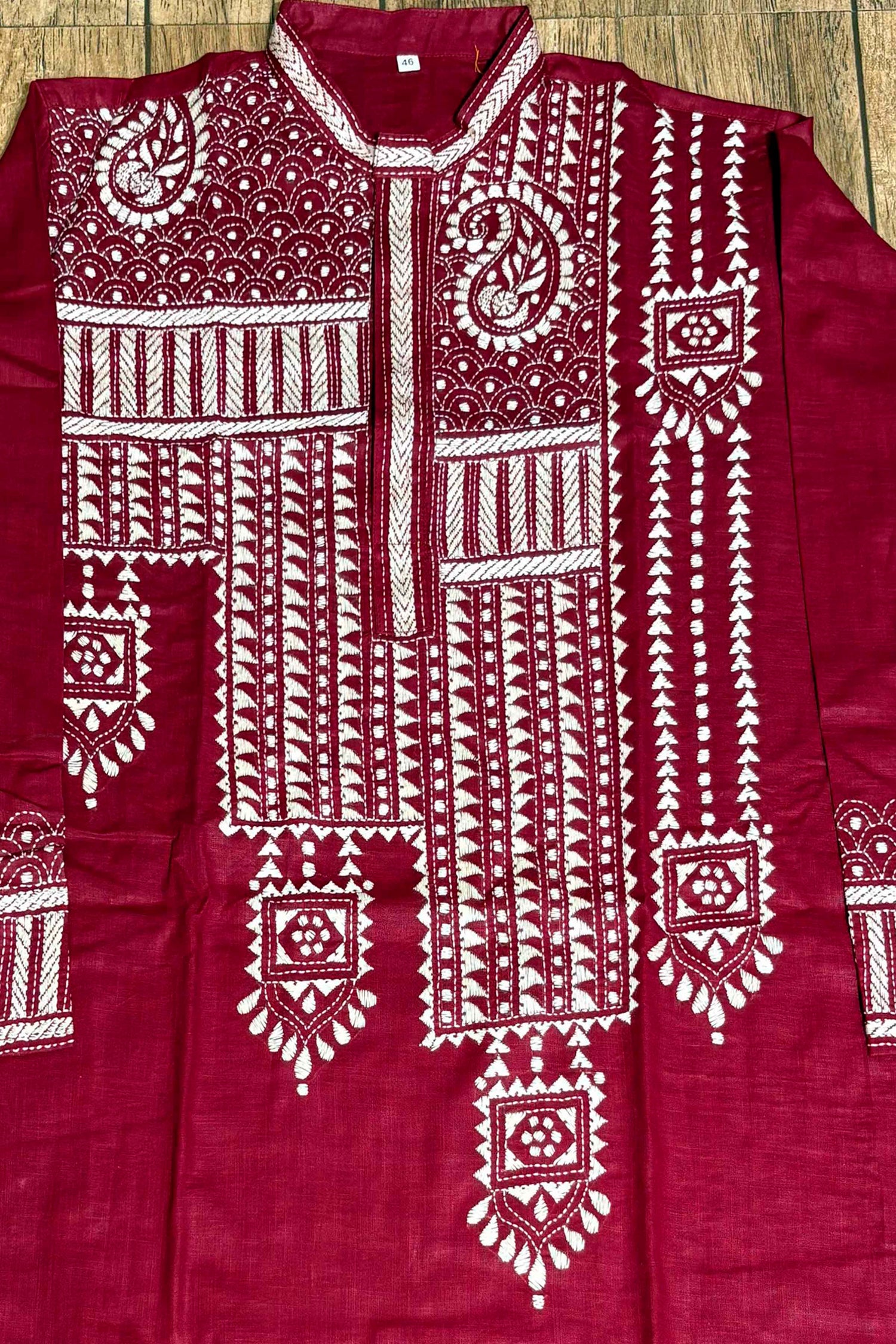 Maroon Color Cotton with White Color Thread Work Kantha Panjabi