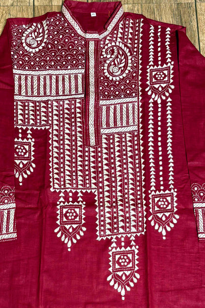 Maroon Color Cotton with White Color Thread Work Kantha Panjabi