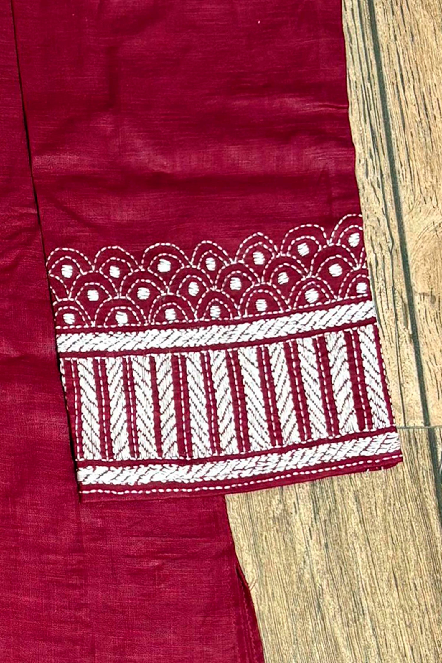 Maroon Color Cotton with White Color Thread Work Kantha Panjabi