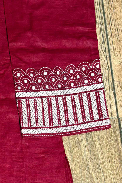 Maroon Color Cotton with White Color Thread Work Kantha Panjabi