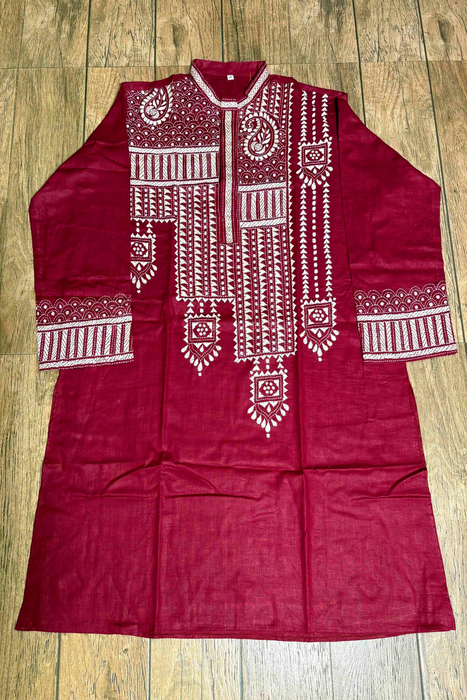 Maroon Color Cotton with White Color Thread Work Kantha Panjabi