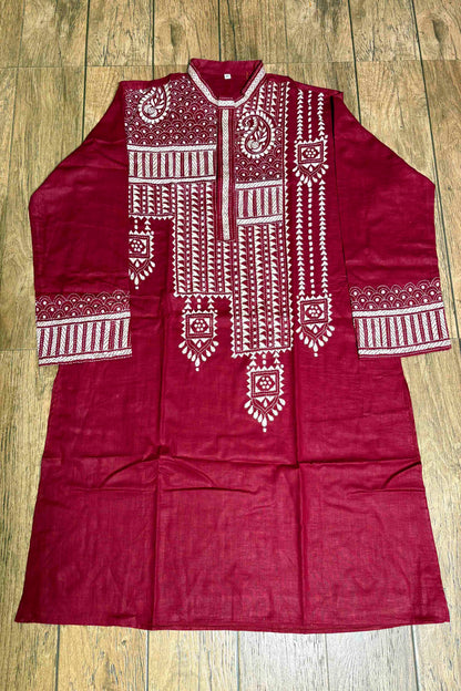 Maroon Color Cotton with White Color Thread Work Kantha Panjabi
