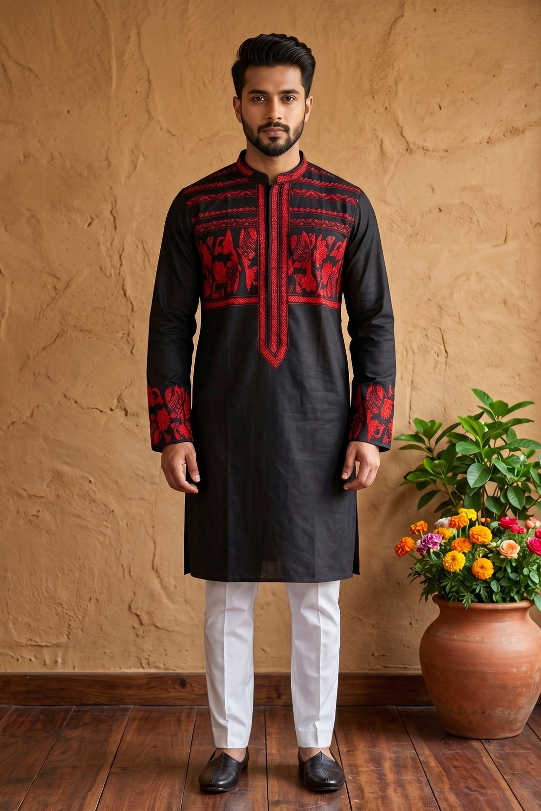 Black Color Cotton with Red Color Thread Work Kantha Panjabi