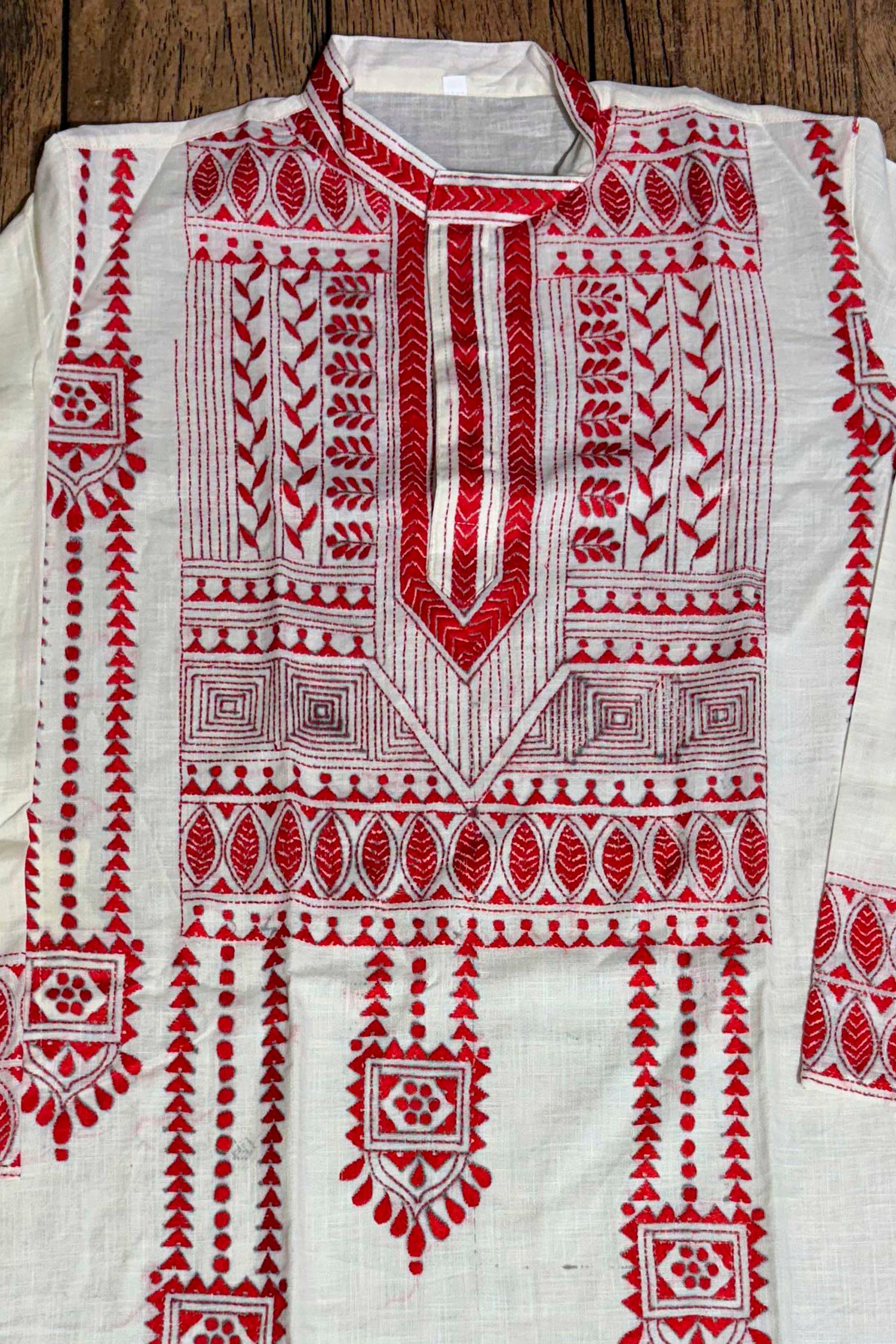 White Color Cotton with Red Color Thread Work Kantha Panjabi