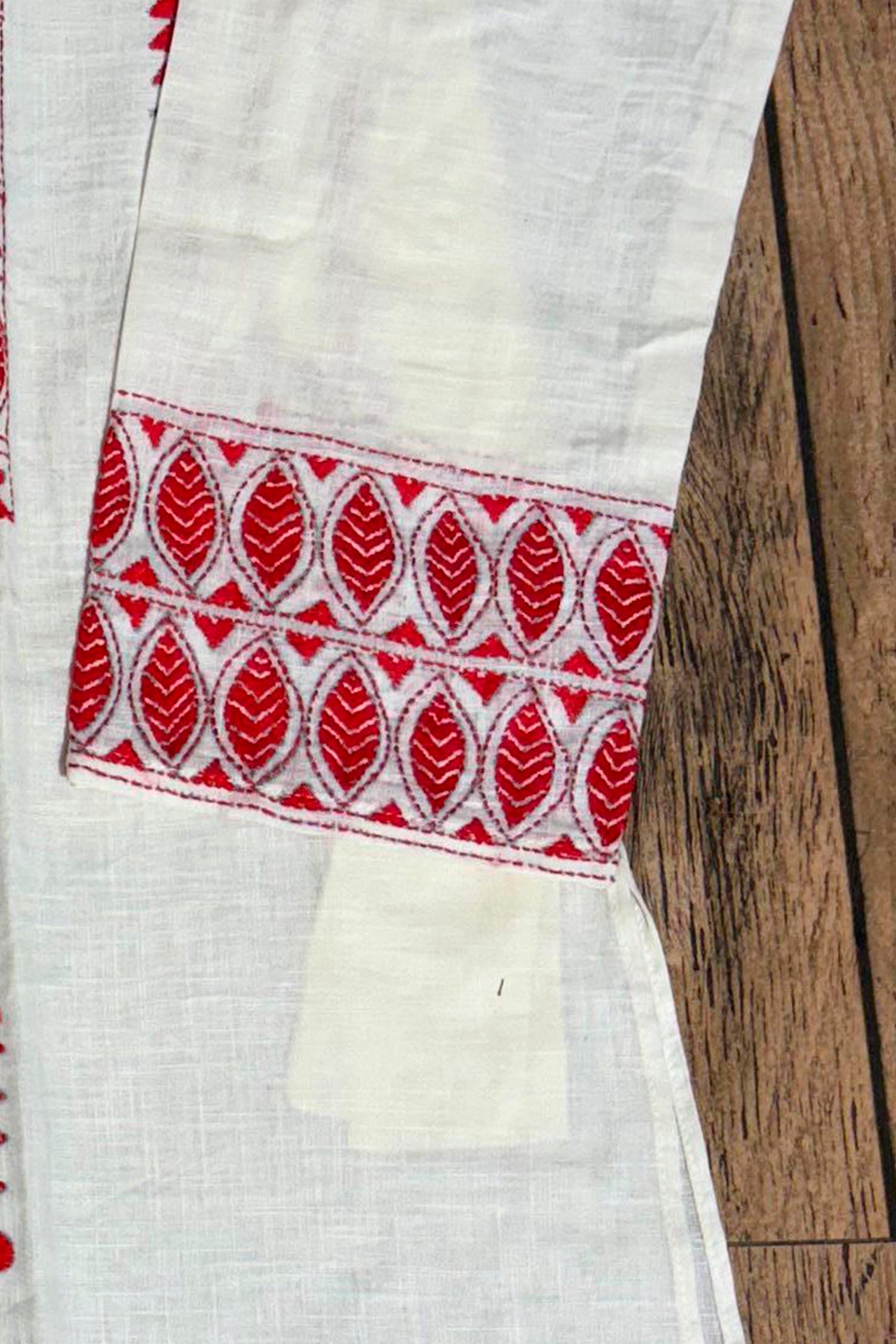 White Color Cotton with Red Color Thread Work Kantha Panjabi