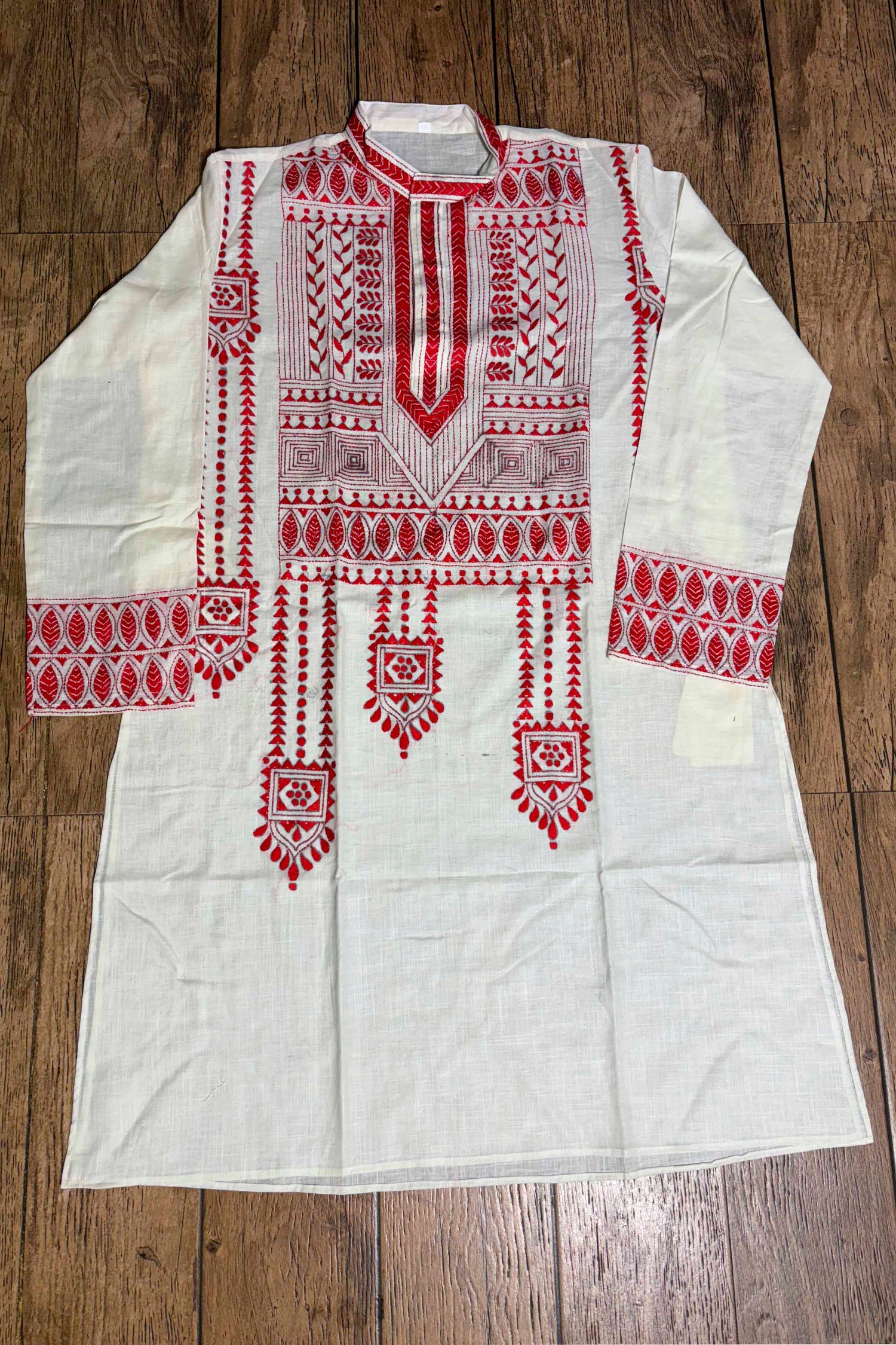 White Color Cotton with Red Color Thread Work Kantha Panjabi