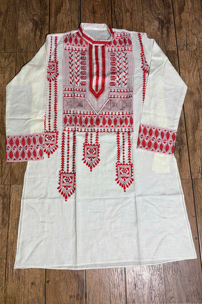 White Color Cotton with Red Color Thread Work Kantha Panjabi