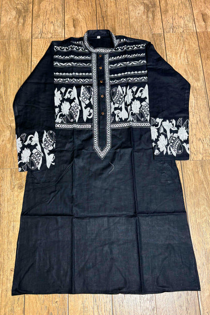 Black Color Cotton with White Color Thread Work Kantha Panjabi