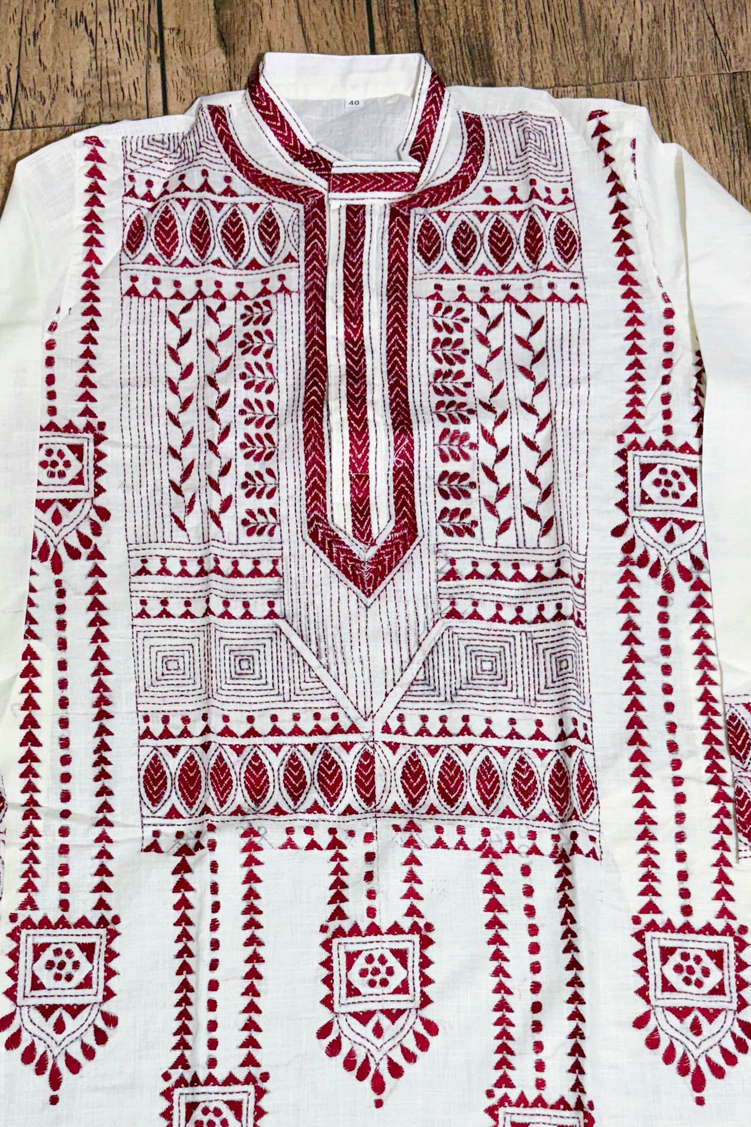 White Color Cotton with Maroon Color Thread Work Kantha Panjabi