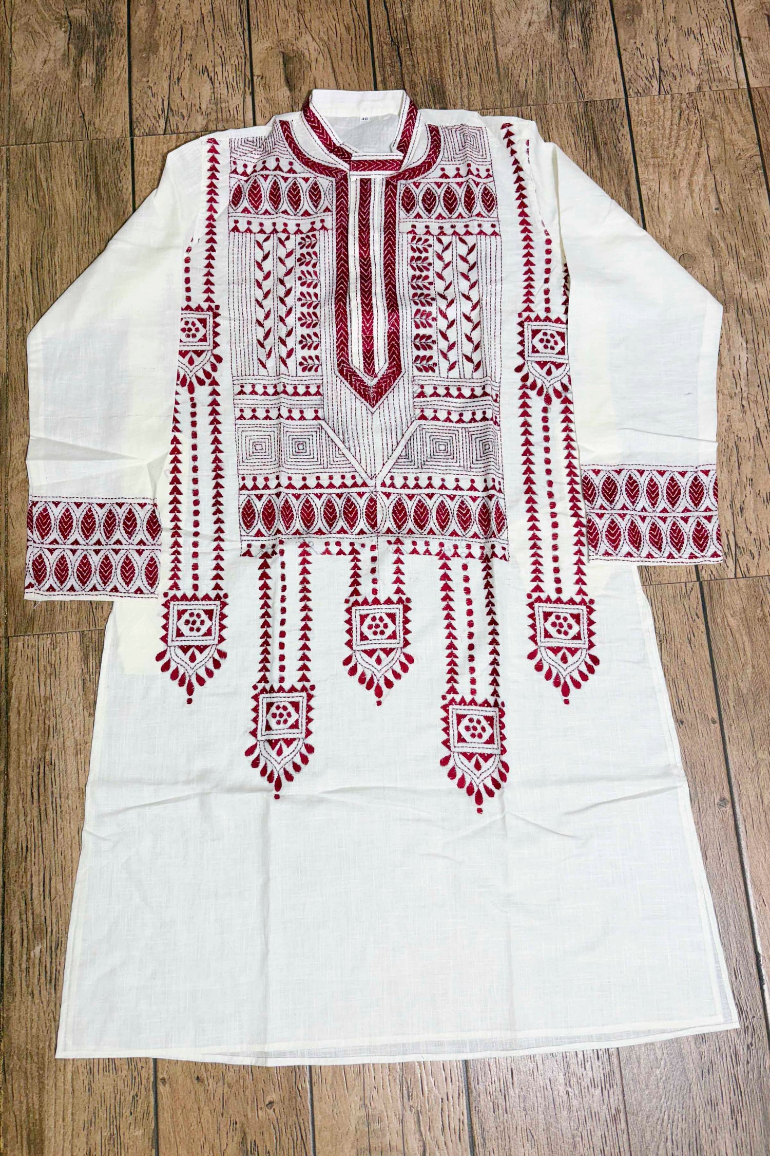White Color Cotton with Maroon Color Thread Work Kantha Panjabi