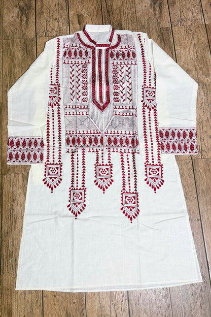 White Color Cotton with Maroon Color Thread Work Kantha Panjabi