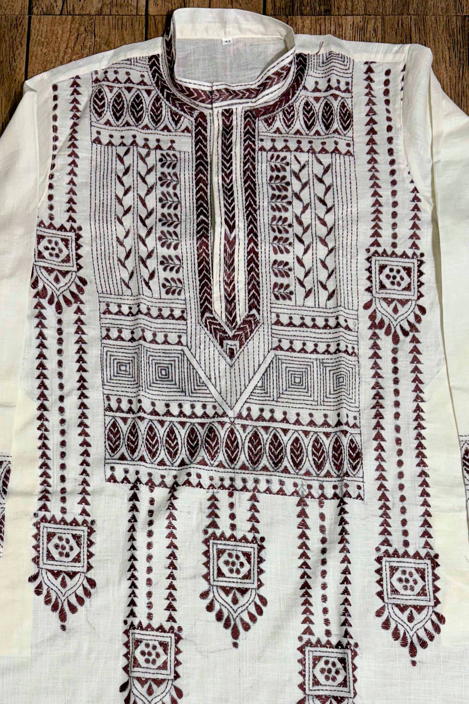 White Color Cotton with Dark Maroon color Thread Work Kantha Panjabi
