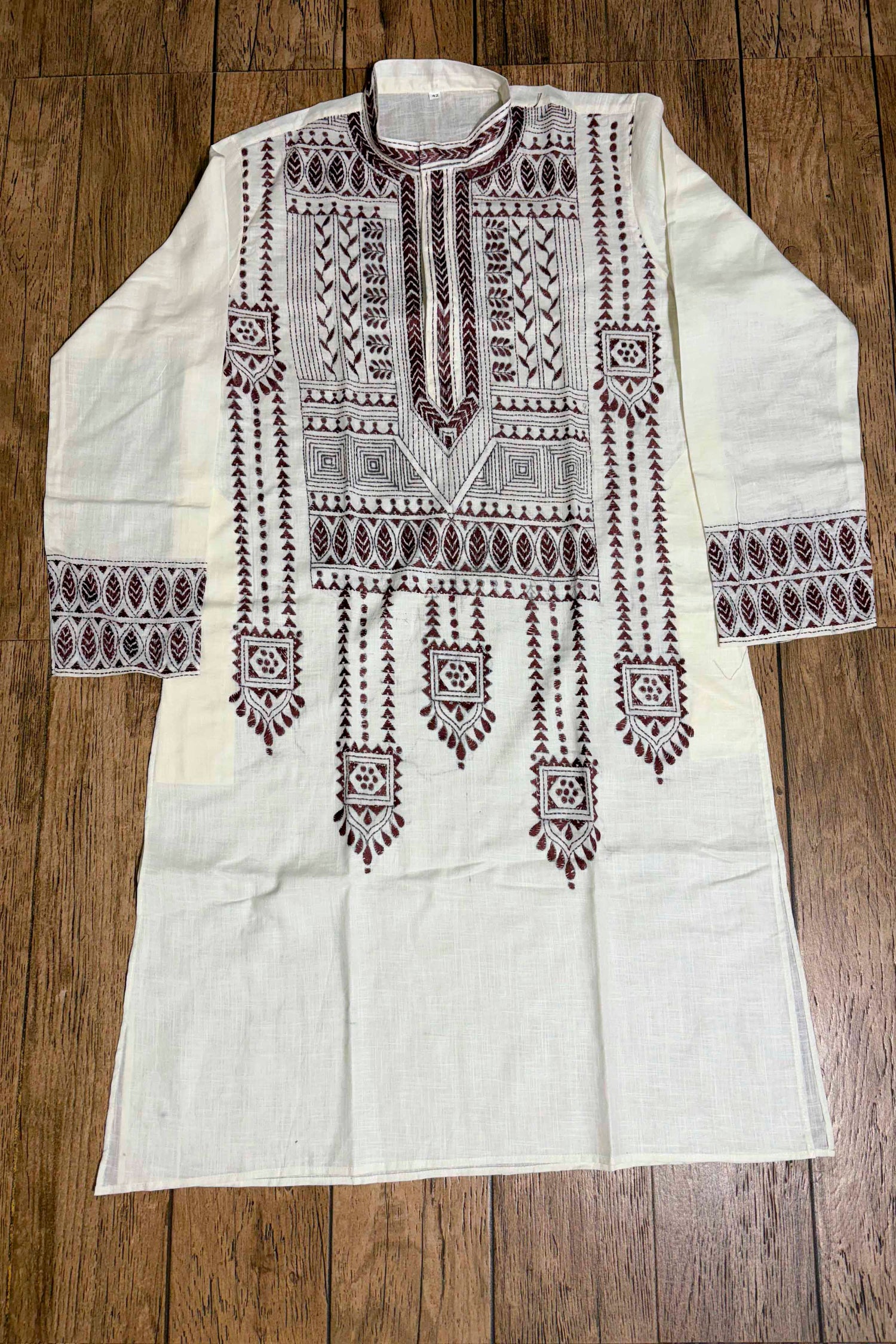 White Color Cotton with Dark Maroon color Thread Work Kantha Panjabi