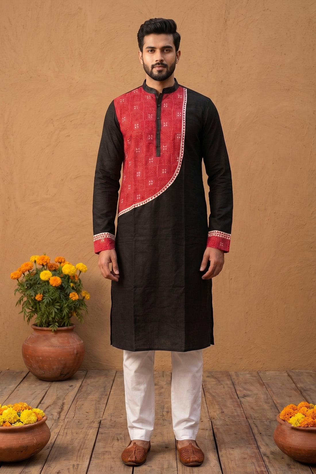 Black Color Cotton and Red color Kantha Patch Work Panjabi