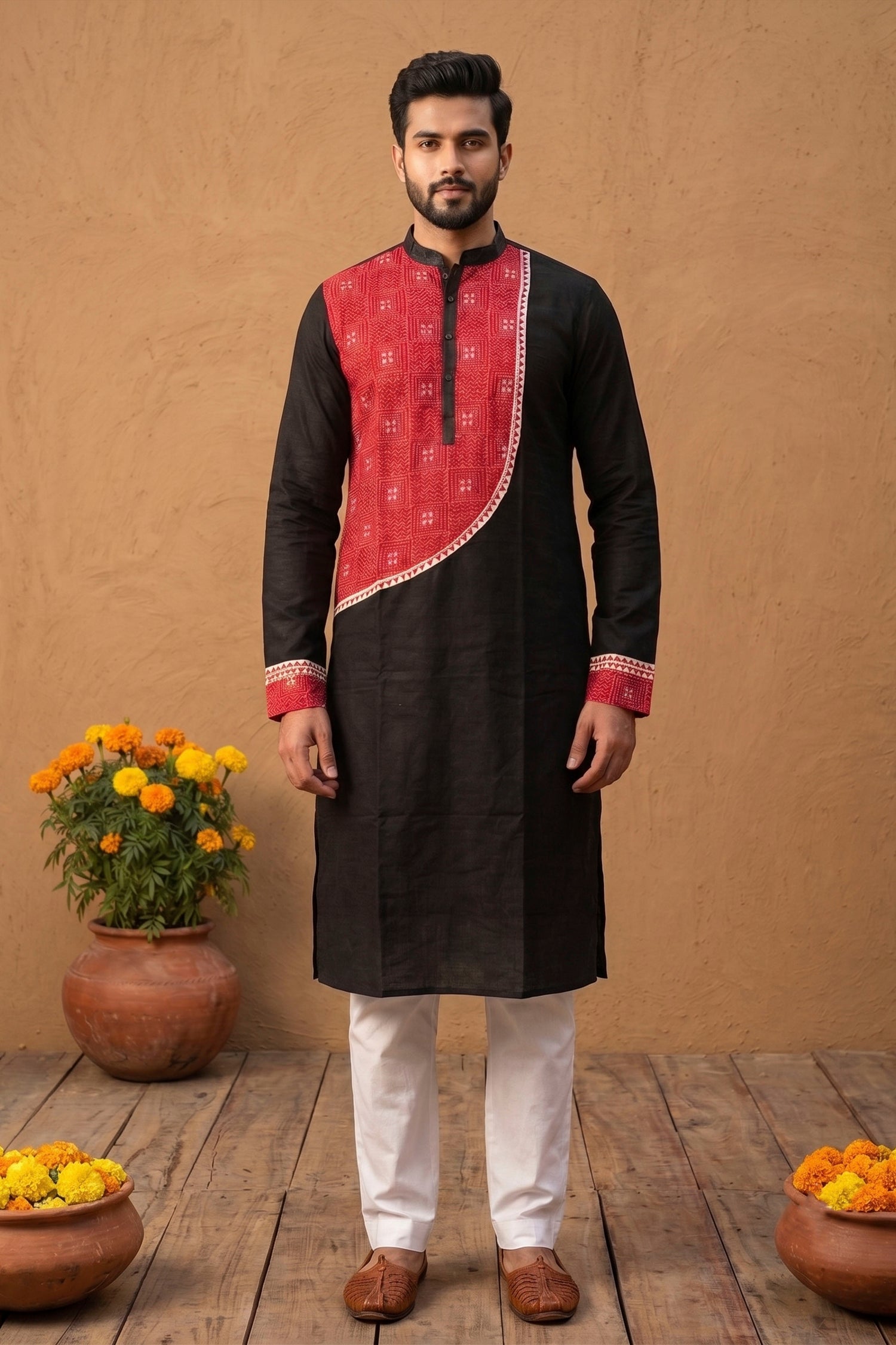 Black Color Cotton and Red color Kantha Patch Work Panjabi