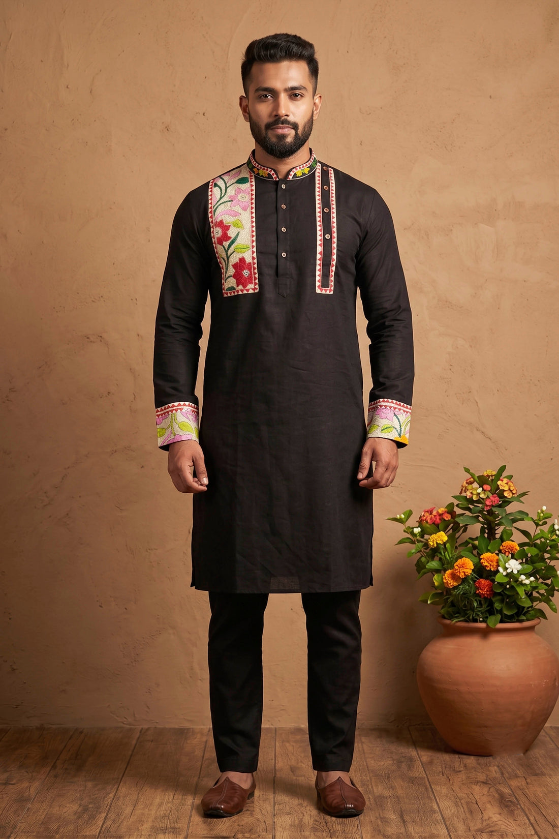 Black Color Cotton and Multicolor Kantha Patch Work Panjabi