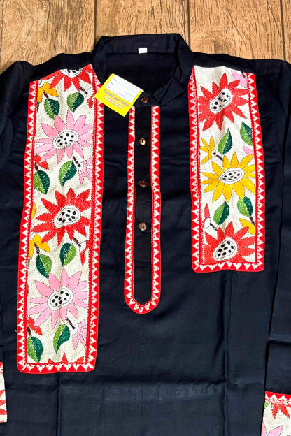 Black Color Cotton with Multicolor Thread Kantha Patch Work Panjabi