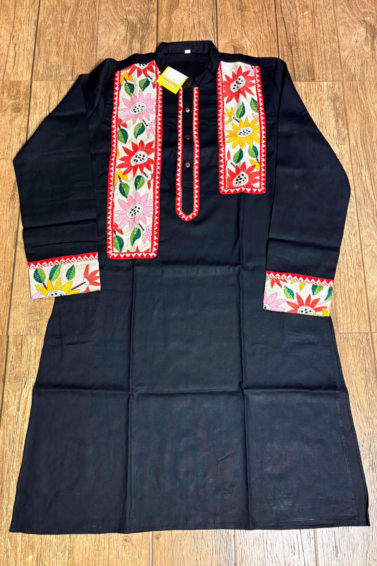 Black Color Cotton with Multicolor Thread Kantha Patch Work Panjabi