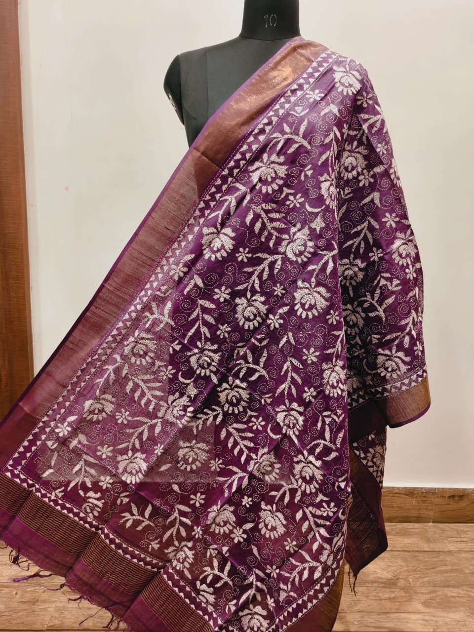 Zari Border Pure Tussar Kantha Stitch Dupatta SN26KD19