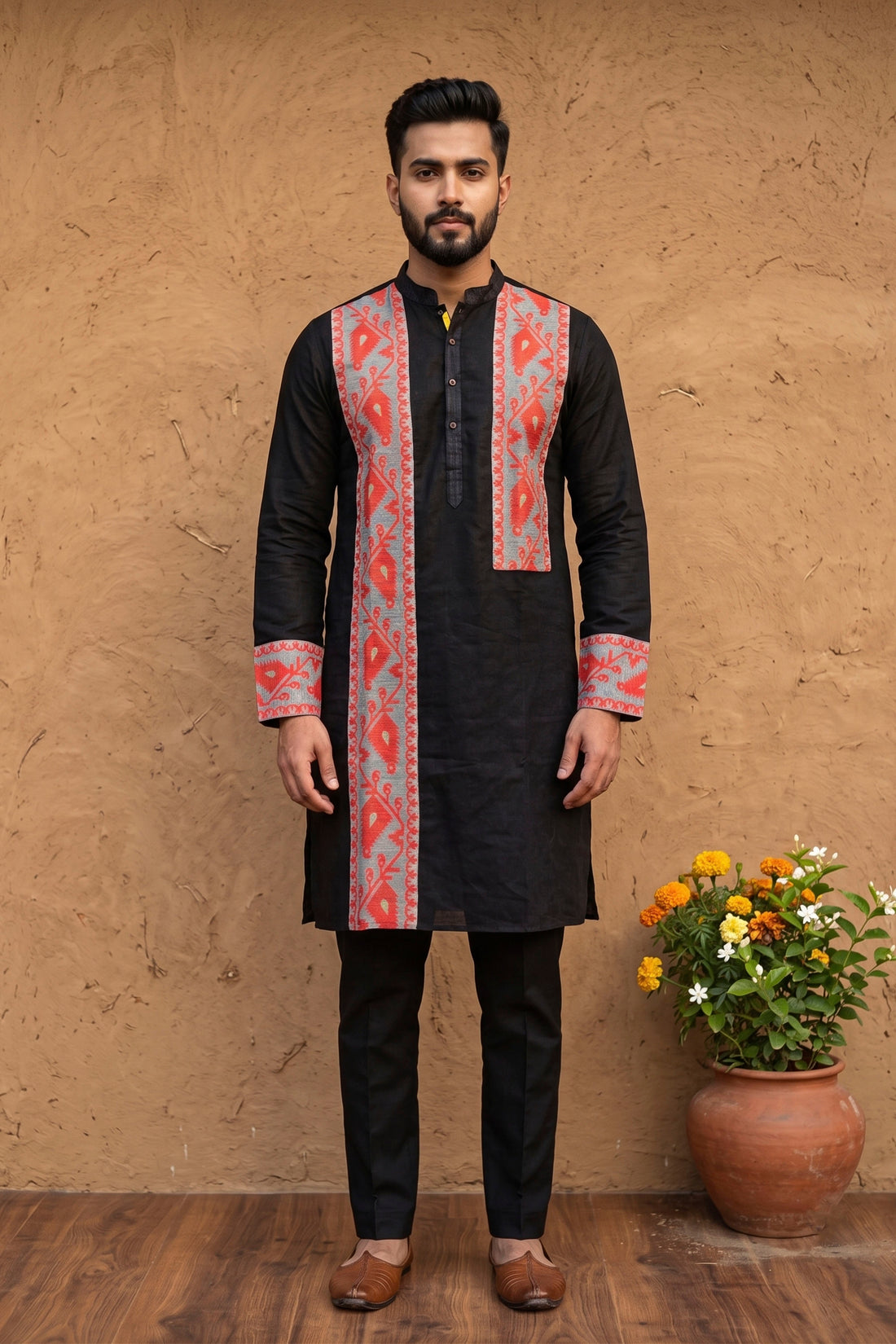 Black Color Cotton with Orange Jamdani Patch Work Panjabi