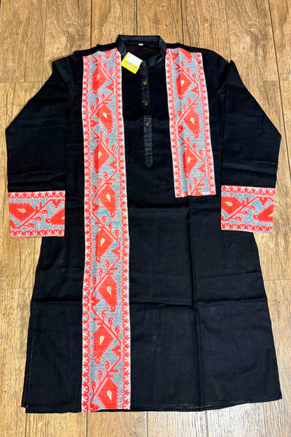 Black Color Cotton with Orange Jamdani Patch Work Panjabi