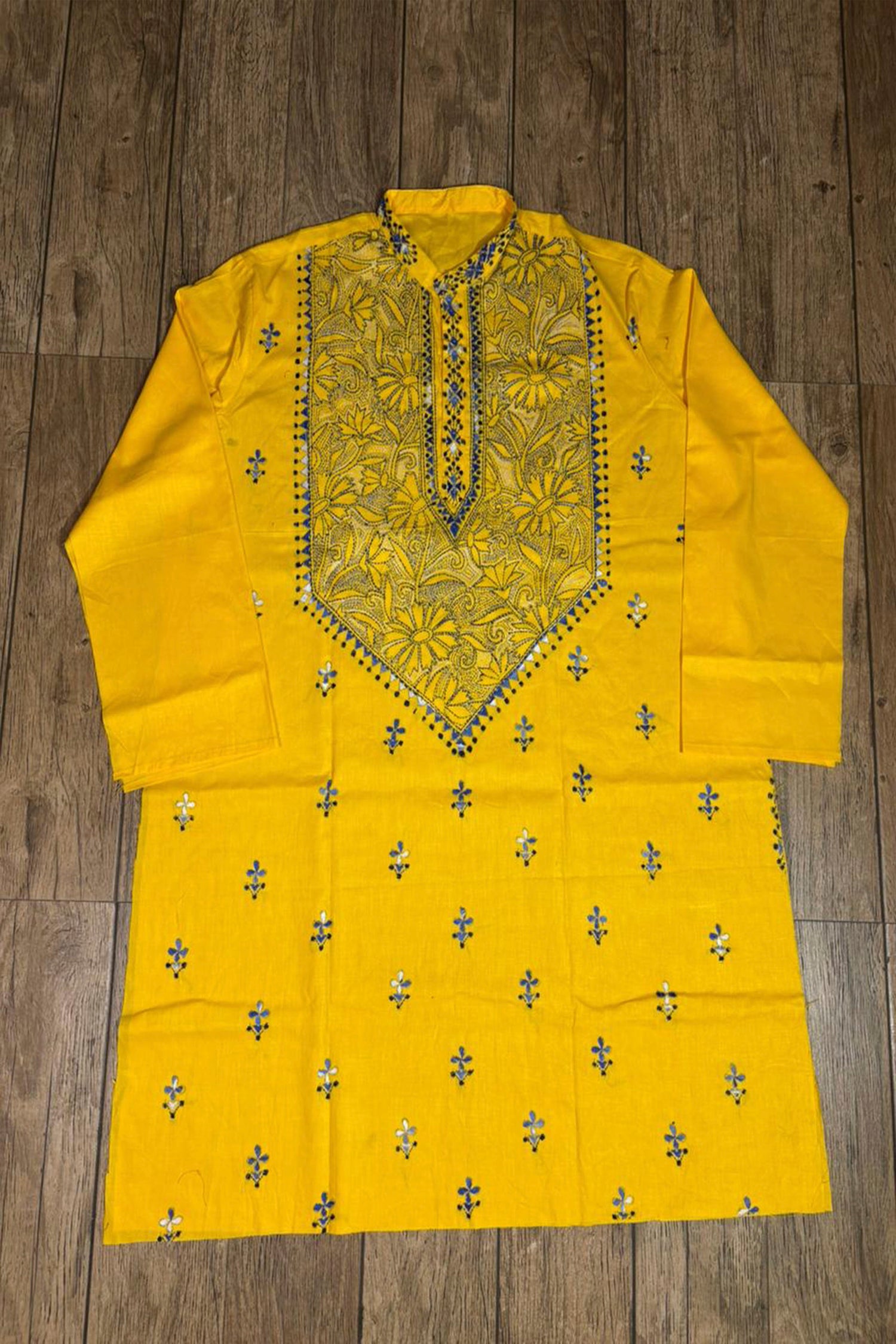 Yellow Pure Cotton with Kantha Work (Hand Embroidery) Panjabi