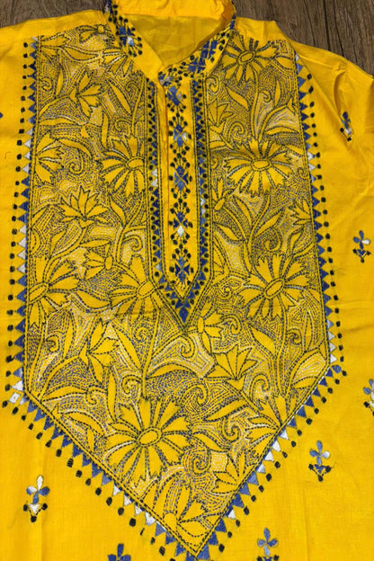 Yellow Pure Cotton with Kantha Work (Hand Embroidery) Panjabi