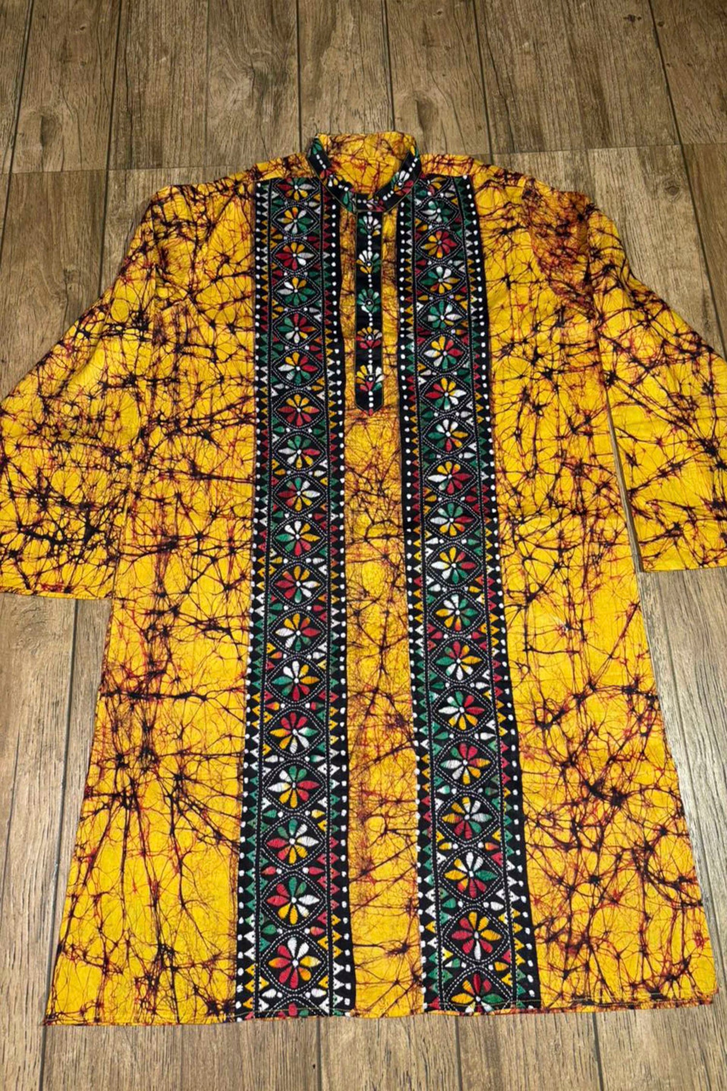 Yellow Pure Cotton Batik with Kantha Work (Hand Embroidery) Panjabi
