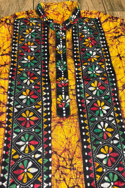Yellow Pure Cotton Batik with Kantha Work (Hand Embroidery) Panjabi