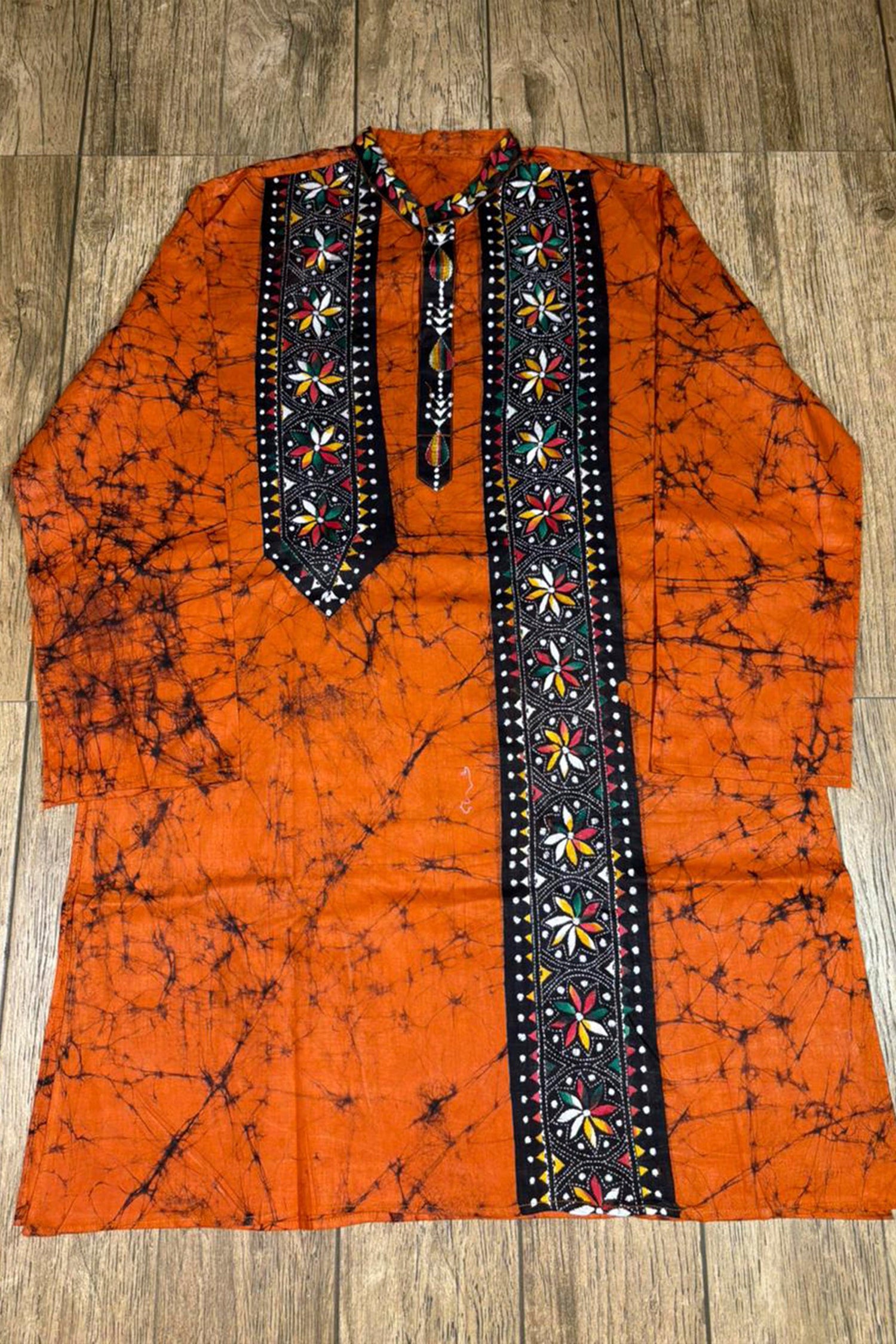 Orange Pure Cotton Batik with Kantha Work (Hand Embroidery) Panjabi