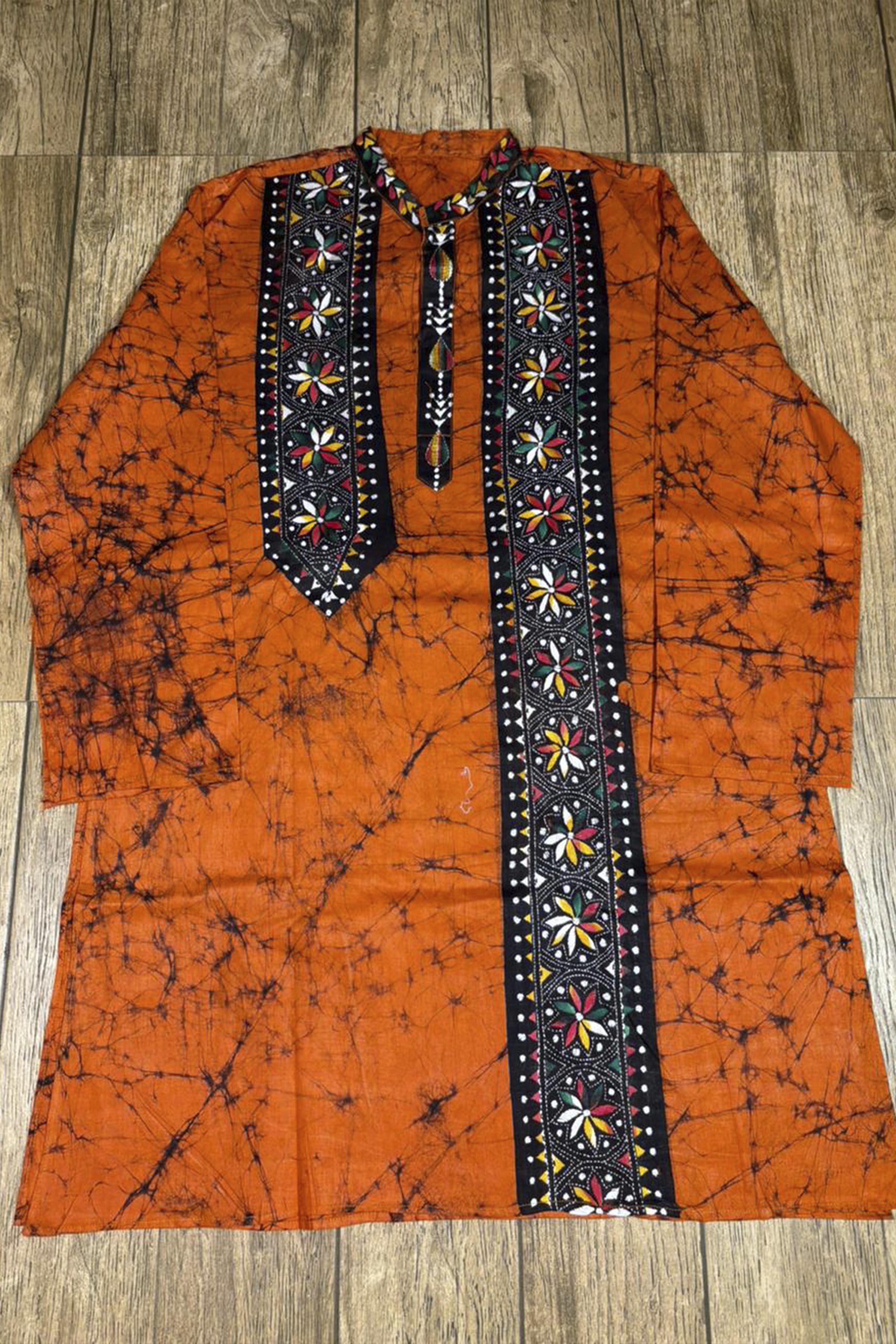 Orange Pure Cotton Batik with Kantha Work (Hand Embroidery) Panjabi
