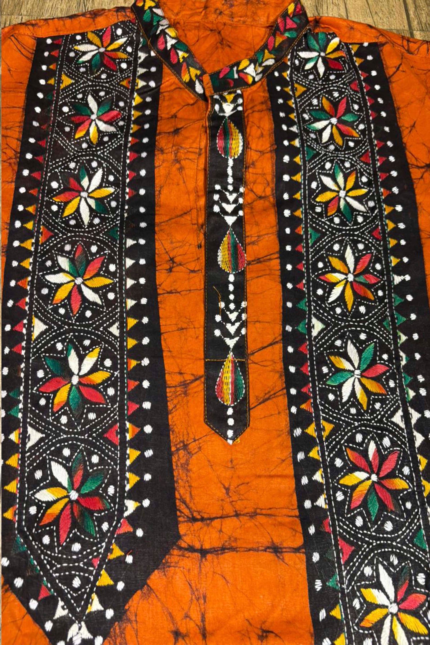 Orange Pure Cotton Batik with Kantha Work (Hand Embroidery) Panjabi