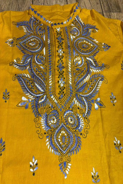 Yellow Pure Cotton with Kantha Work (Hand Embroidery) Panjabi
