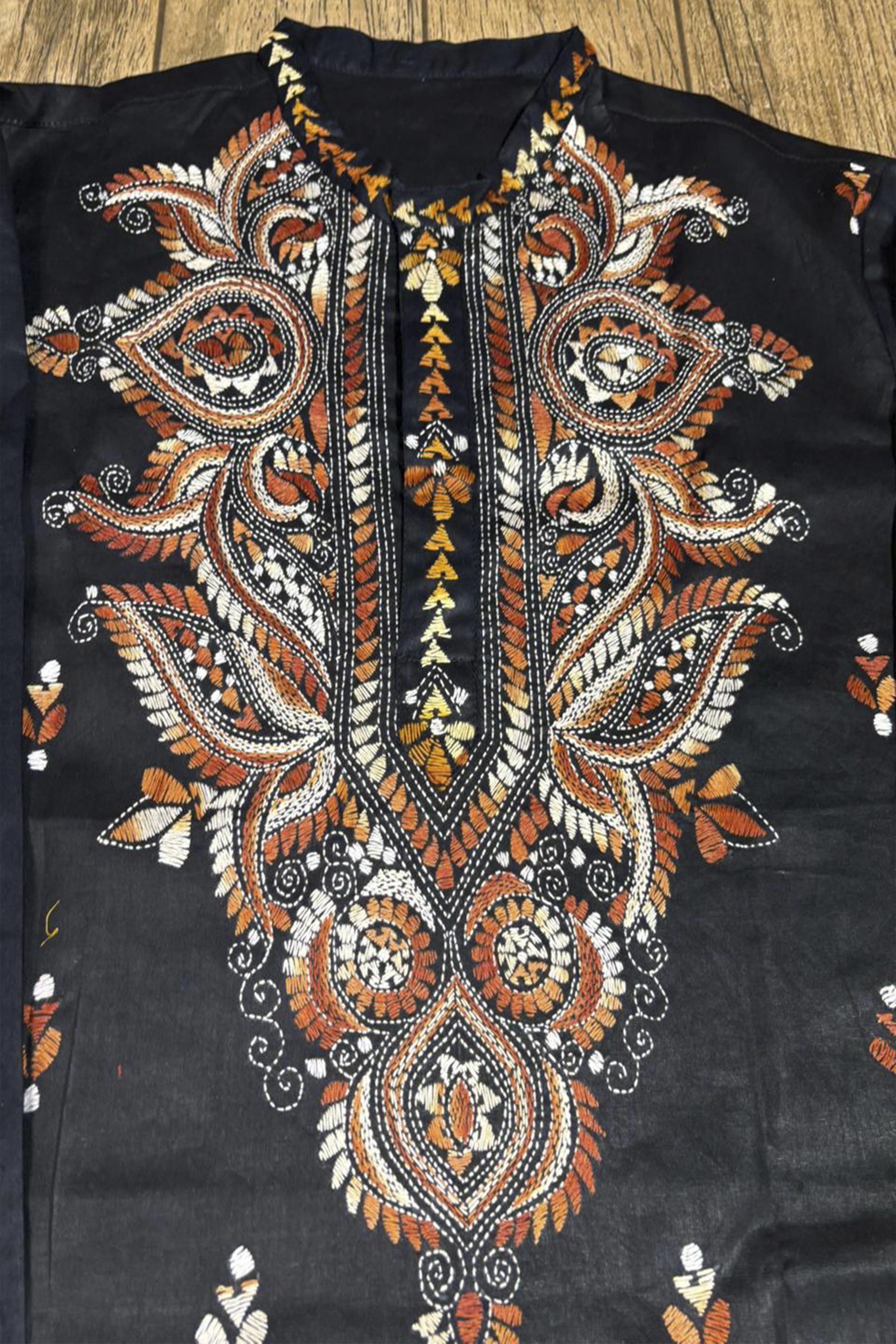Black Pure Cotton with Kantha Work (Hand Embroidery) Panjabi