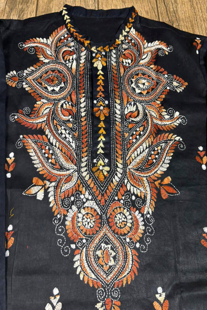 Black Pure Cotton with Kantha Work (Hand Embroidery) Panjabi