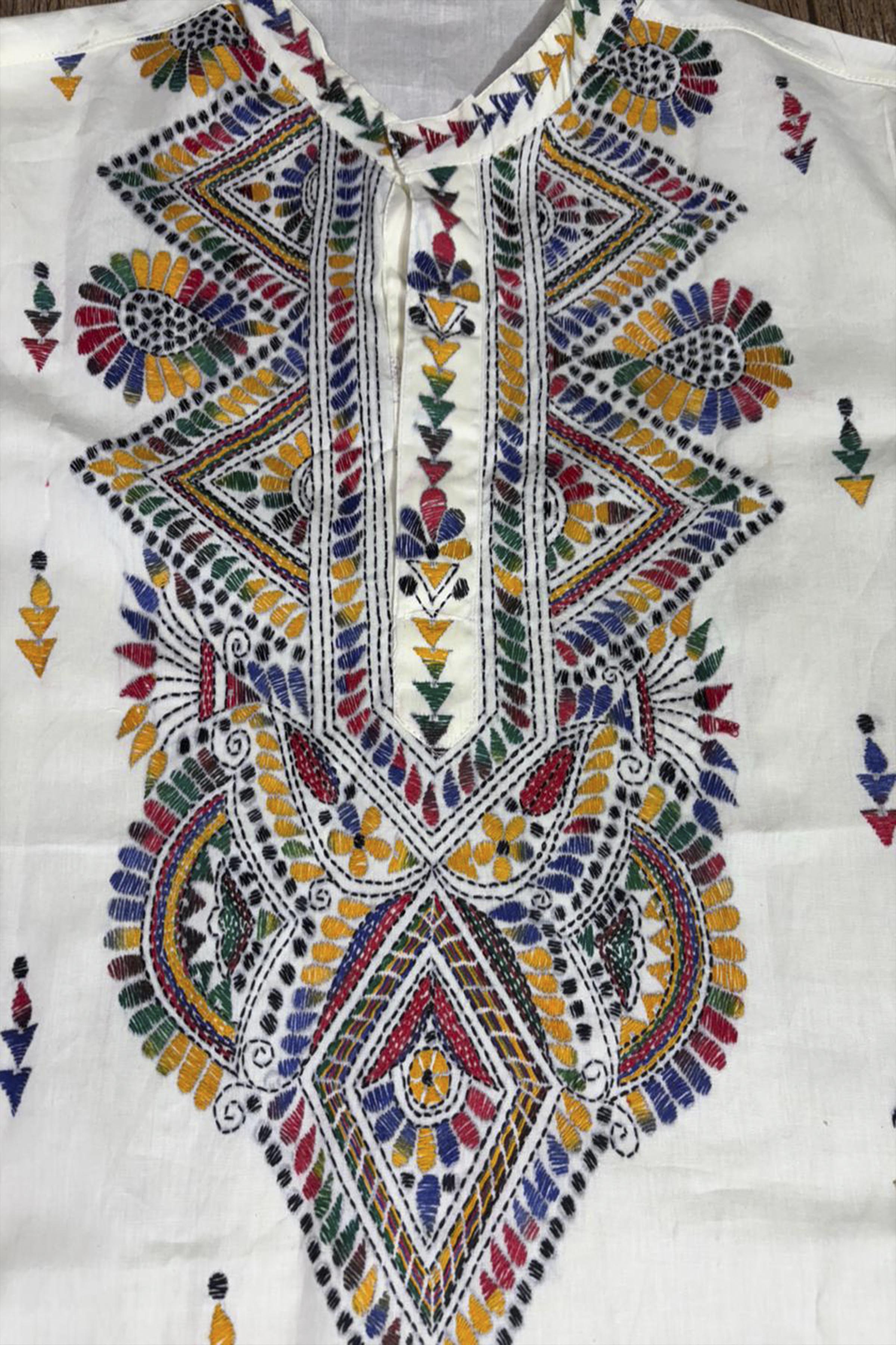 White Pure Cotton with Kantha Work (Hand Embroidery) Panjabi