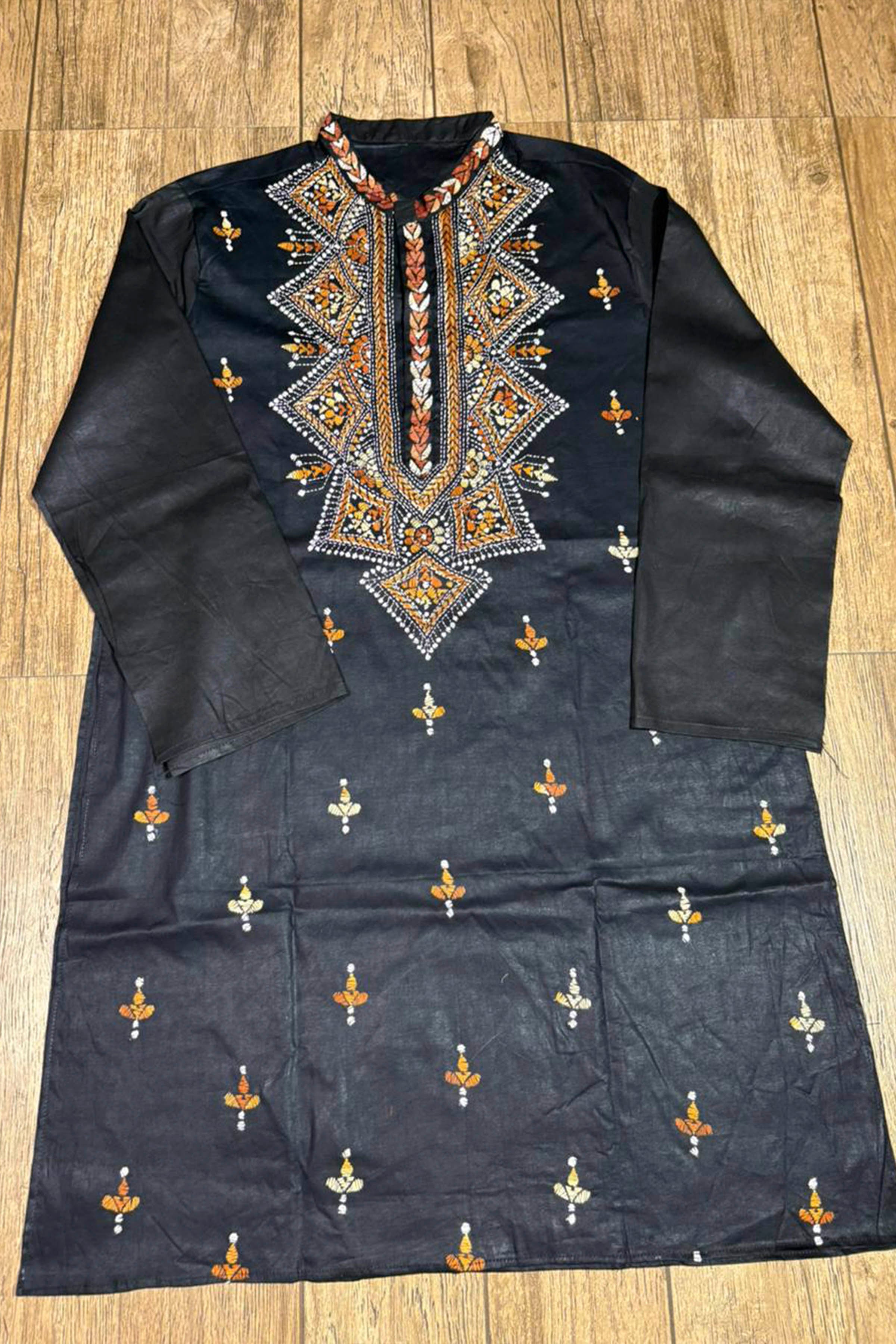 Black Pure Cotton with Kantha Work (Hand Embroidery) Panjabi