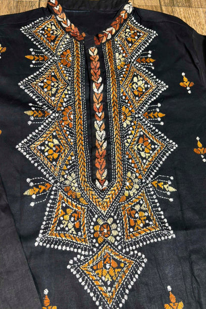Black Pure Cotton with Kantha Work (Hand Embroidery) Panjabi