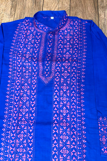 Blue Pure Cotton with Kantha Work (Hand Embroidery) Panjabi