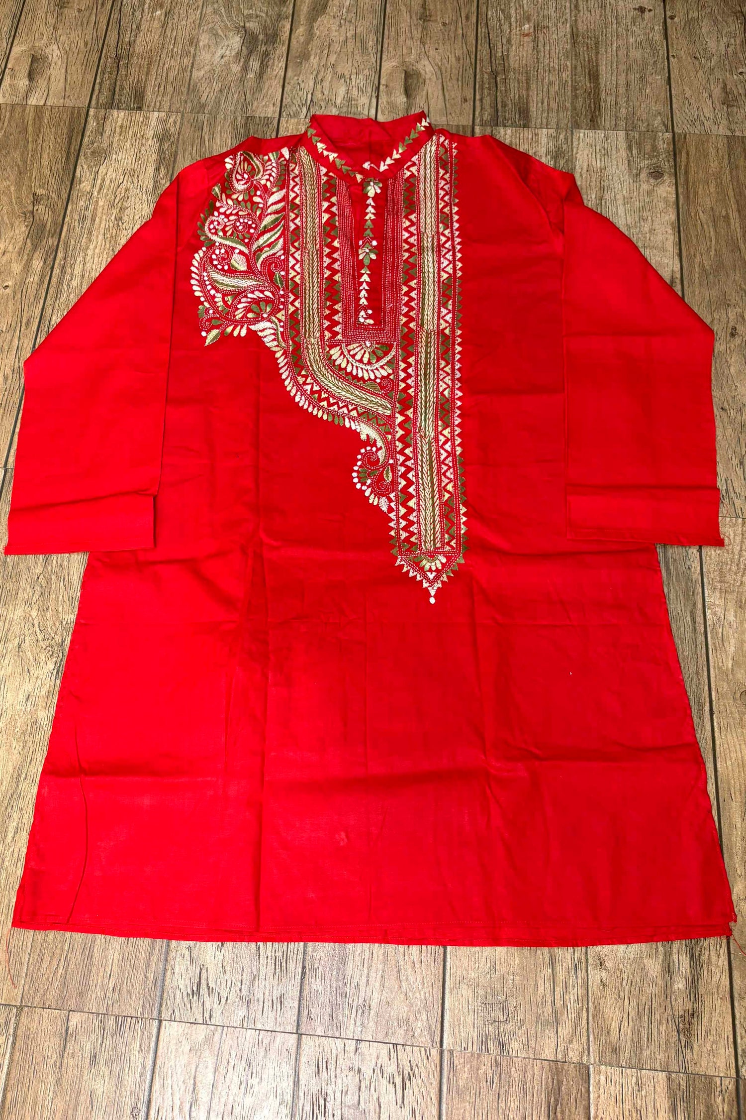 Red Pure Cotton with Kantha Work (Hand Embroidery) Panjabi