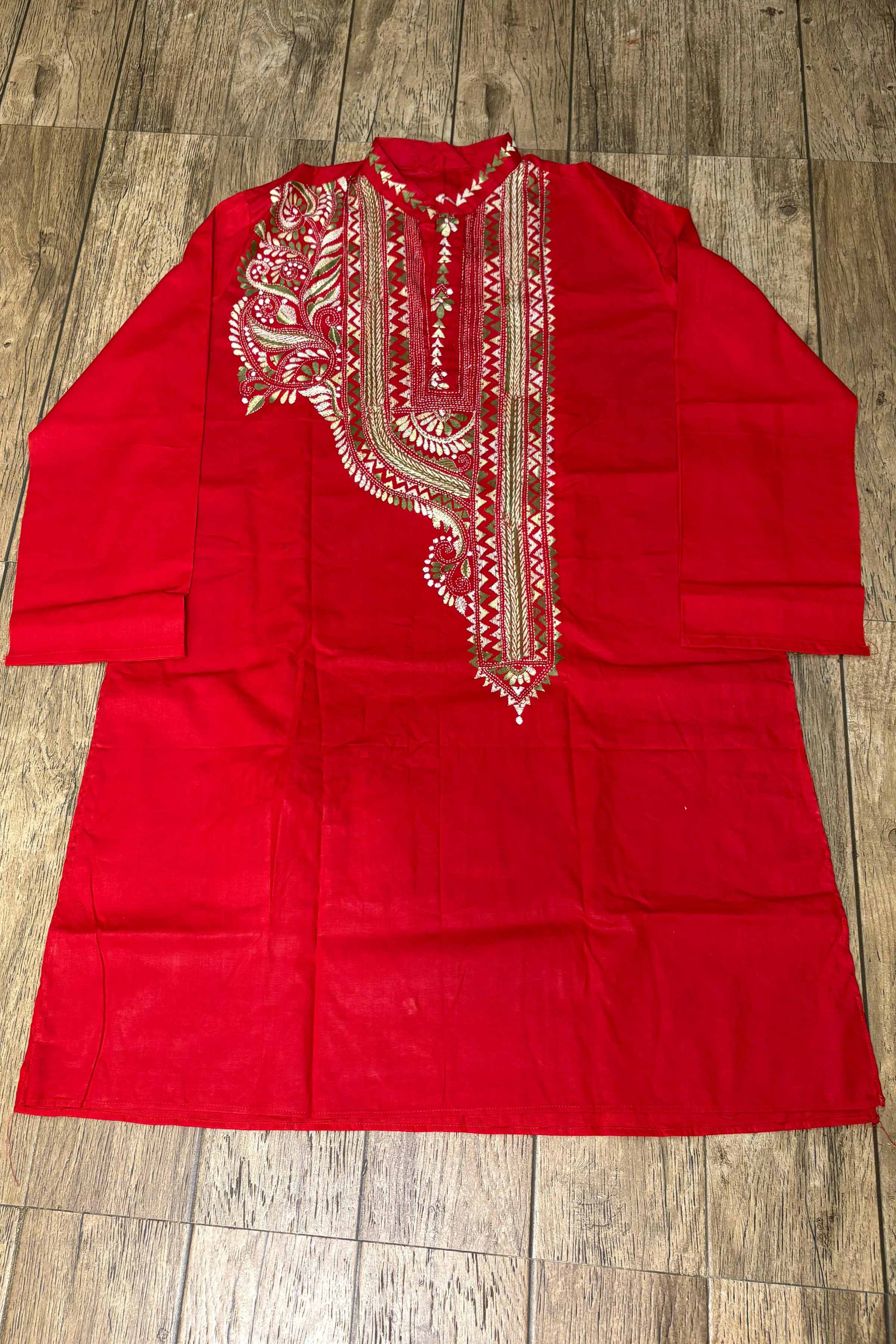 Red Pure Cotton with Kantha Work (Hand Embroidery) Panjabi
