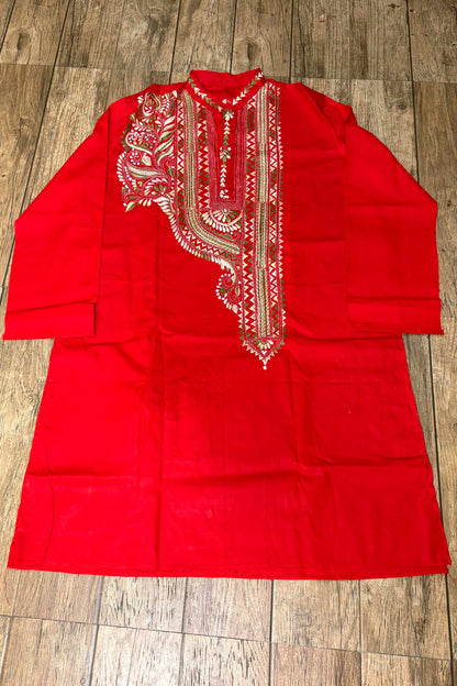 Red Pure Cotton with Kantha Work (Hand Embroidery) Panjabi