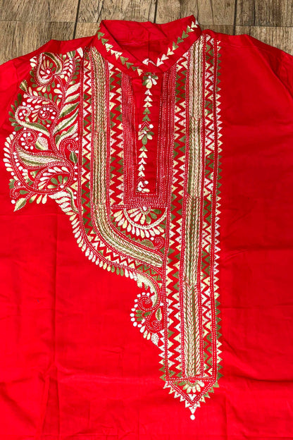 Red Pure Cotton with Kantha Work (Hand Embroidery) Panjabi