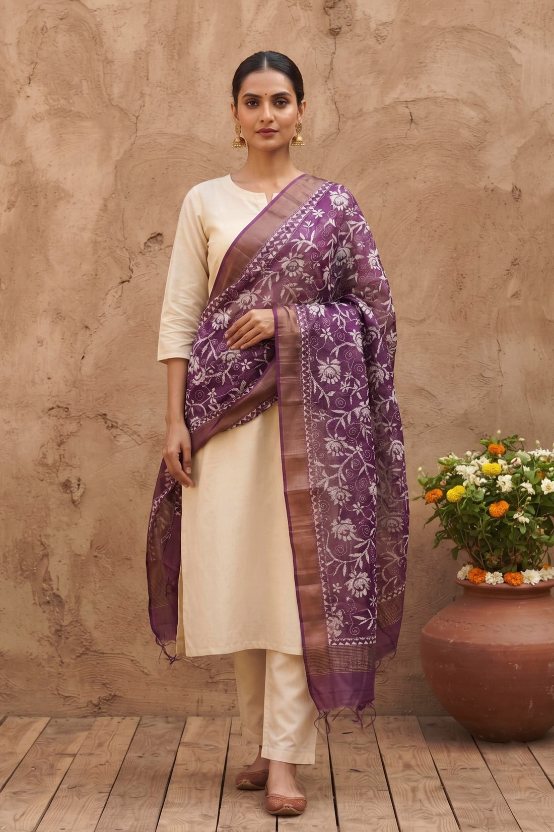 Zari Border Pure Tussar Kantha Stitch Dupatta SN26KD19