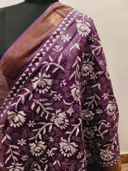 Zari Border Pure Tussar Kantha Stitch Dupatta SN26KD19