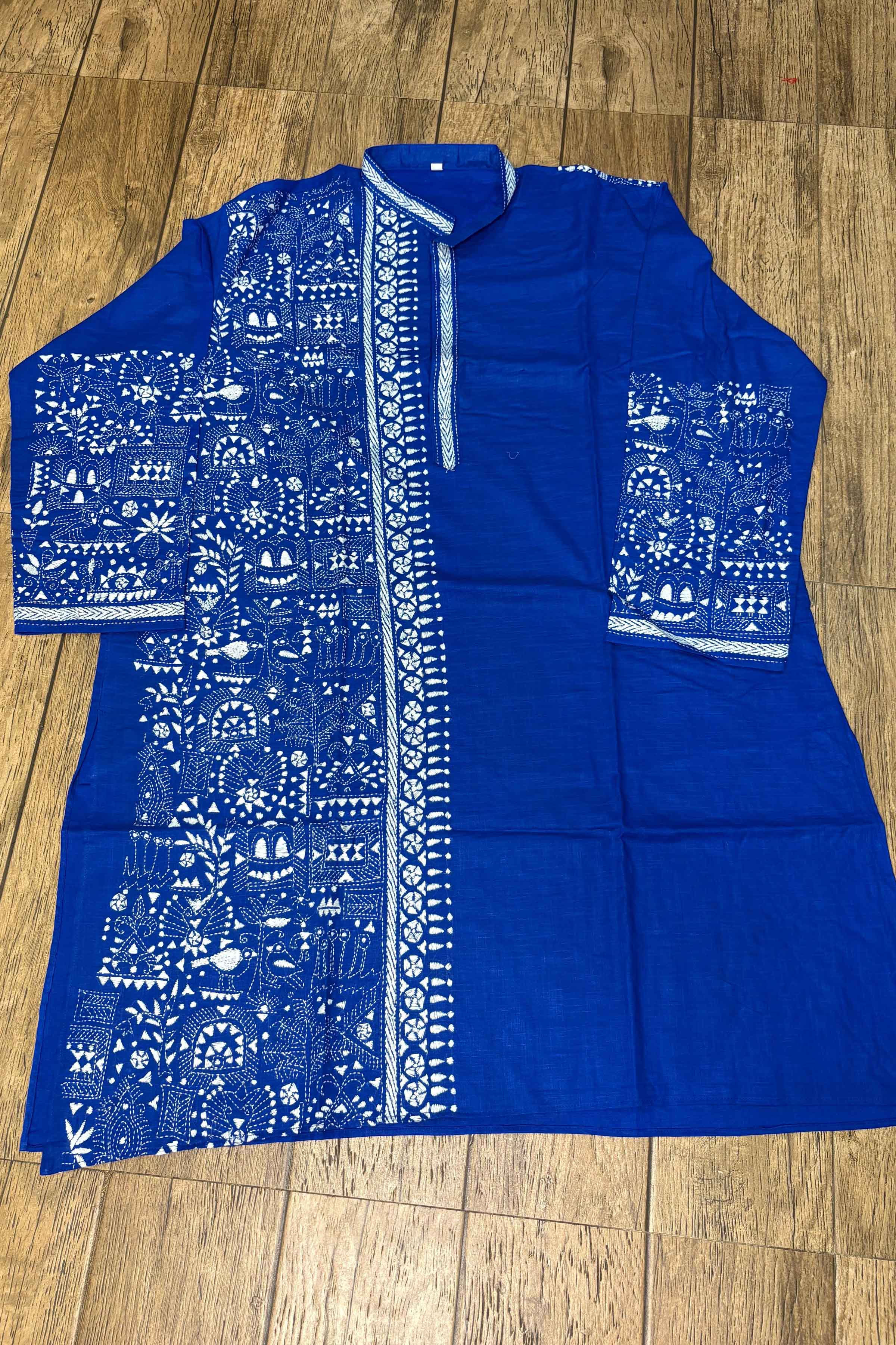 Blue Pure Cotton with Kantha Work (Hand Embroidery) Panjabi