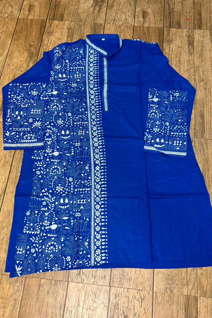 Blue Pure Cotton with Kantha Work (Hand Embroidery) Panjabi