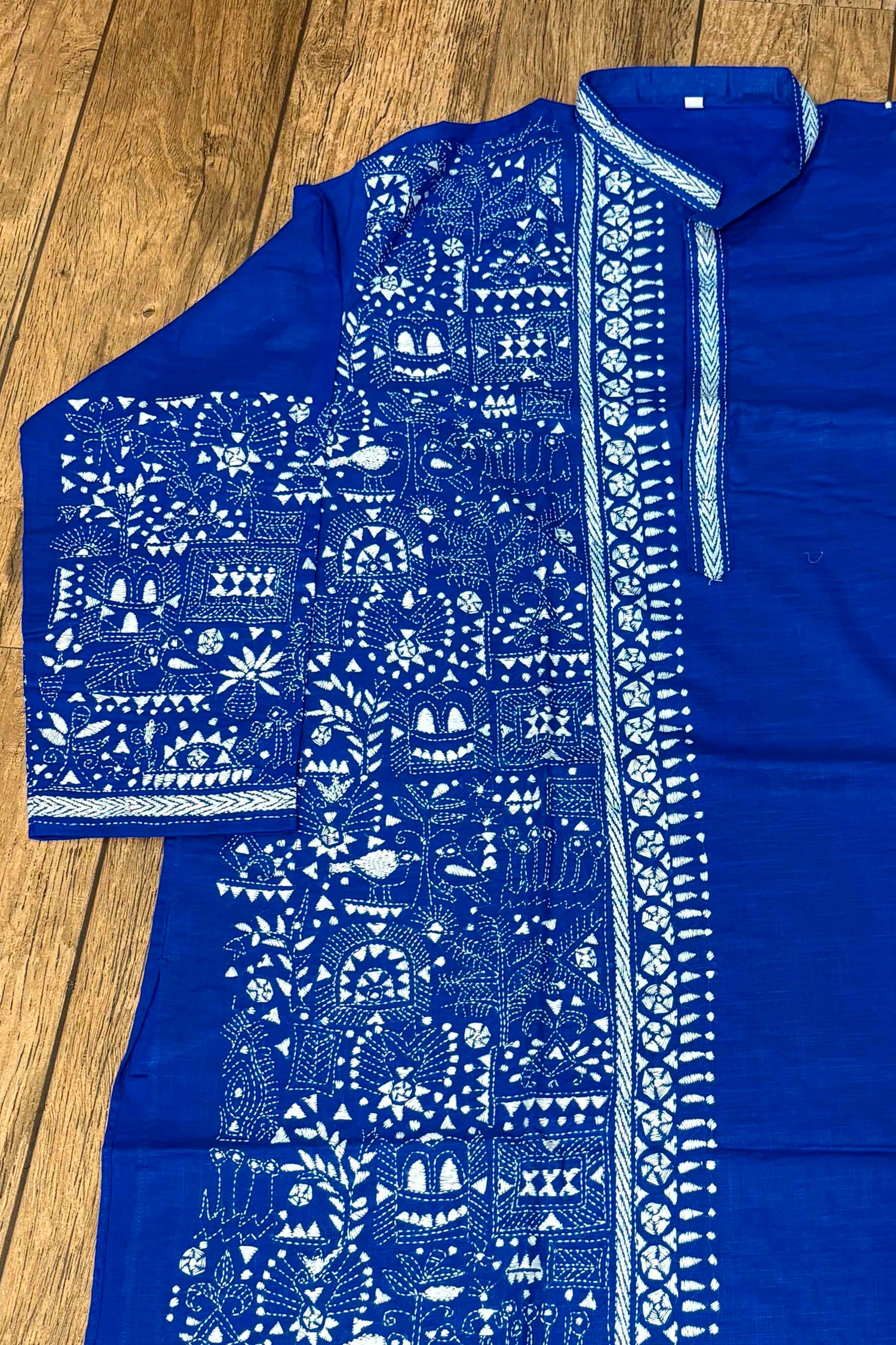 Blue Pure Cotton with Kantha Work (Hand Embroidery) Panjabi
