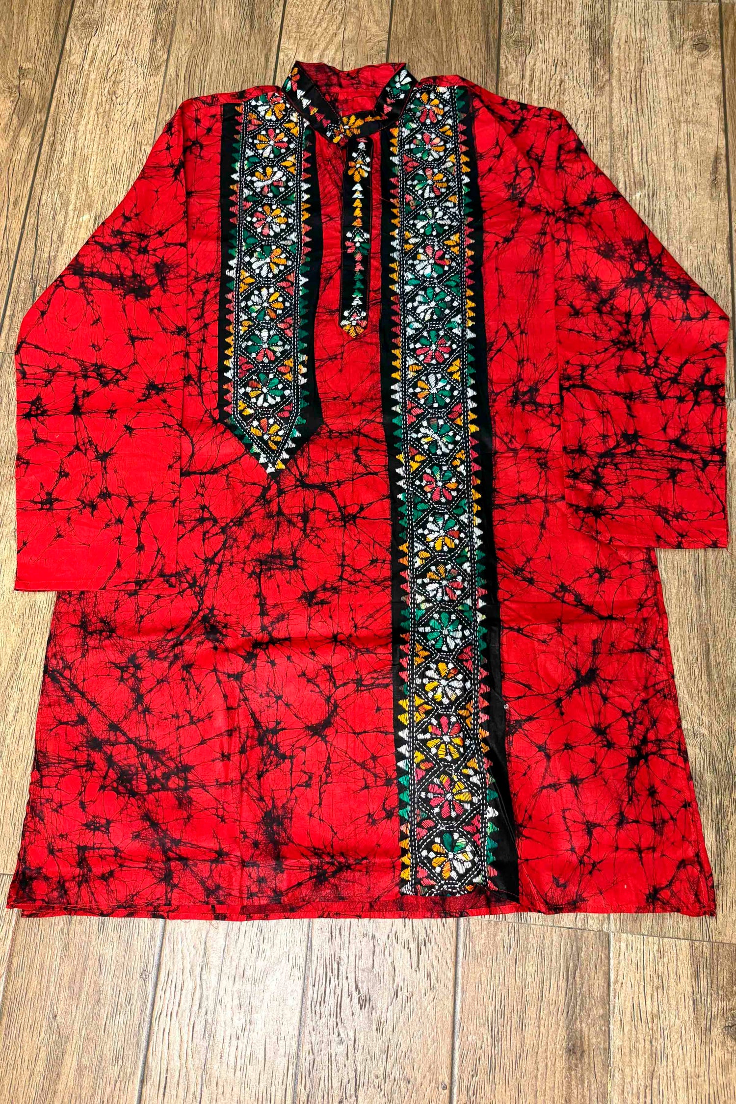 Red Pure Cotton Batik with Kantha Work (Hand Embroidery) Panjabi