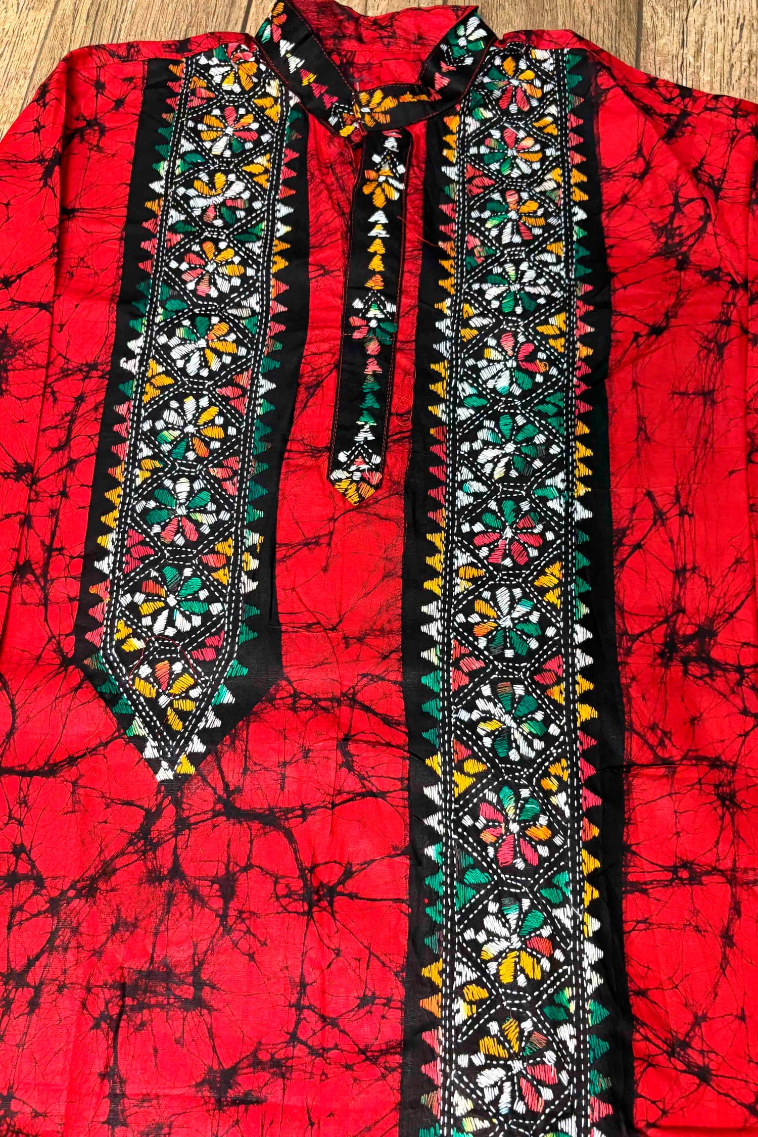 Red Pure Cotton Batik with Kantha Work (Hand Embroidery) Panjabi